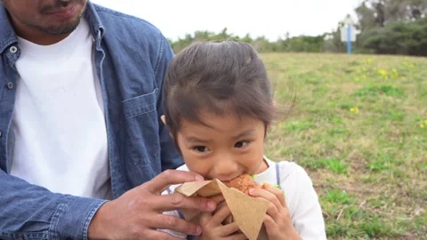 A Parent and Child Sharing a Hamburger in the Meadow Stock Footage 333185486