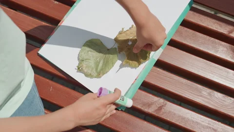 Parent and mother collaborate to build outdoor leaf collage artwork. Mother and Video stock 337820201