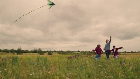 Parent with Children Playing Outside, Flying a Kite Together, Caring Dad and Hap Stock Footage 334840657