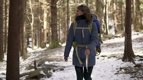 A parent, dressed warmly, hikes through a snowy forest with their child in a Vídeo Stock 280077257