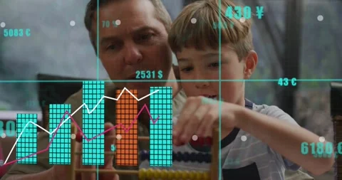 Parent guiding boy while sliding abacus beads home, teaching counting as finance Stock Footage 330194721