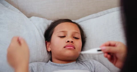 Parent, hands or thermometer with sick kid to check fever, temperature or flu Stock Footage 255380399