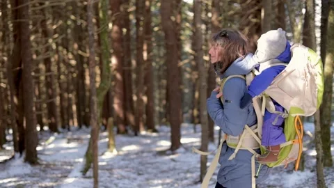 A parent hikes with their child in a backpack carrier through a snowy forest 스톡 동영상 280020118