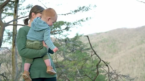 A parent holding a toddler while standing in a scenic forest area, capturing a Video stock 278187126