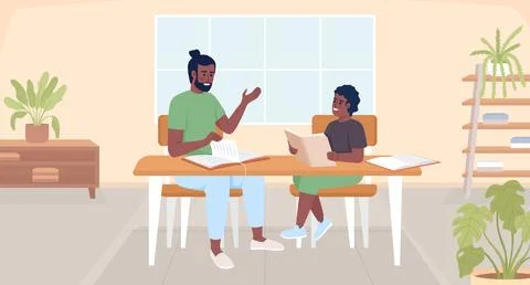 Parent supporting son to solve math assignment flat color vector illustration Illustrazione stock