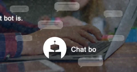 Parent typing prompt on laptop chat bubbles overlaying and robot showing tech as Stock Footage 331333535