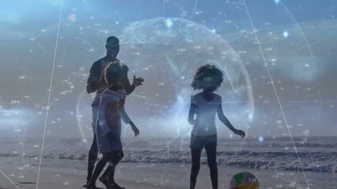 Parent watching, children tossing multicolored beach ball for play, tech globe Stock Footage 332685955