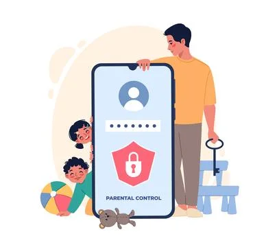 Parental control app. Dad set password for adult application, family with large Stock Illustration