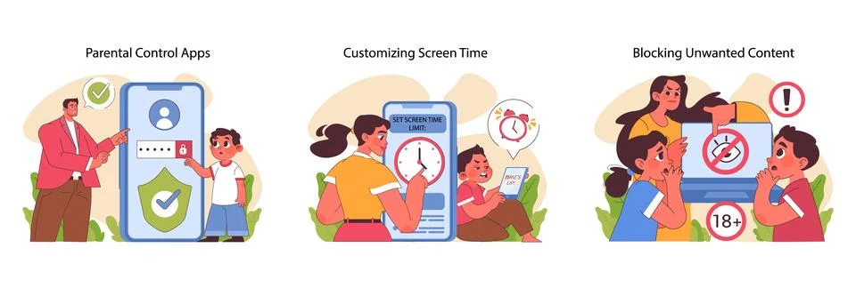 Parental control apps set. Flat vector illustration Stock Illustration