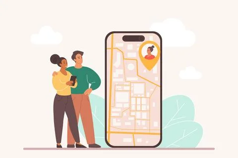 Parental control service, online tracker to find geolocation of kids on map by Stock Illustration