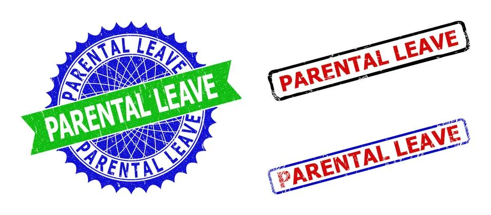 PARENTAL LEAVE Rosette and Rectangle Bicolor Badges with Unclean Surfaces Stock Illustration