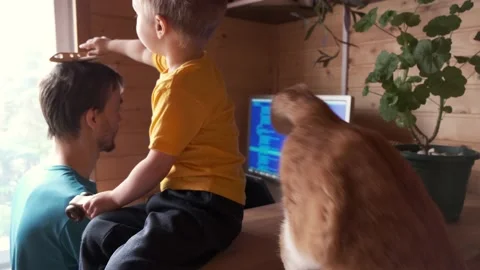 Parenthood multitasking, father freelancer working home, child with cat plays Video stock 130494564