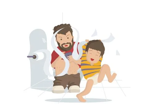 Parenting disaster, Naughty boy playing toilet paper around his father Stock Illustration