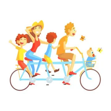 Parents And Kids On Triple Seat Bicycle Riding Outdoors In Summer, Happy Loving Stock Illustration