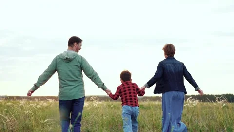 Parents and son energetically run holding each other hands across open field Stock Footage 256288737