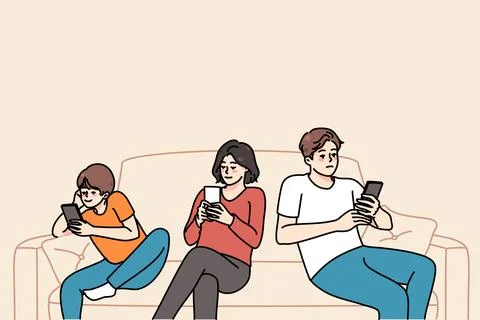 Parents with child sit on sofa using cellphones Stock Illustration