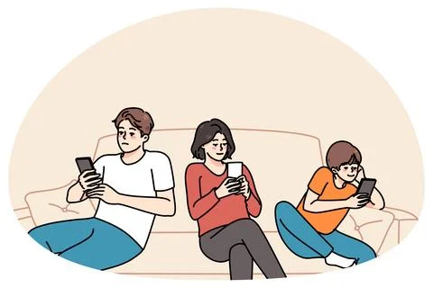 Parents with child sit on sofa using cellphones Illustrazione stock