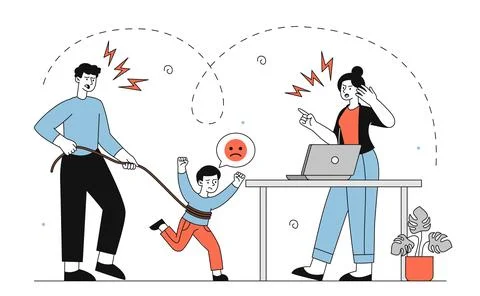 Parents forbid computer. Man and woman do not let child near computer. Digital Stock Illustration
