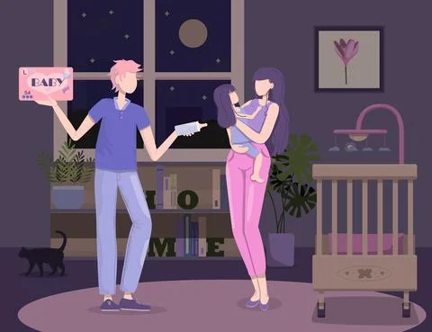 Parents put the child to bed. Flat vector illustration. Baby, mom and dad at Stock Illustration