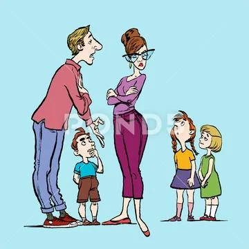 Parents Quarrel And Child Listen. Family Conflict. Parents And Three Children.