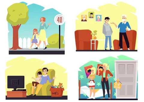 Parents talking with child in different situations - love or conflict in family. Stock Illustration