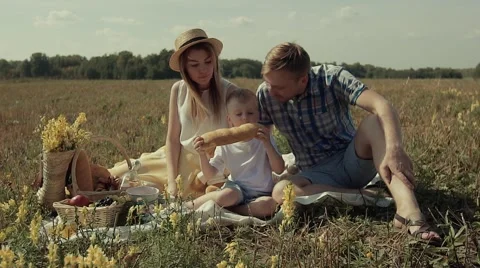Parents with their son having lunch in nature on a sunny day. Stock-Footage 68351071