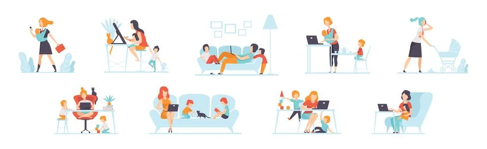 Parents Working with Their Children While Their Playing Next to Them Vector Set Stockillustratie