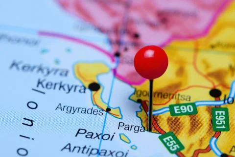 Parga pinned on a map of Greece Foto stock