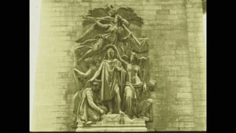 PARIS 1920s: Statues around the Arc de Triomphe. Intertitle. Pond with fountain. Stock Footage 130357402