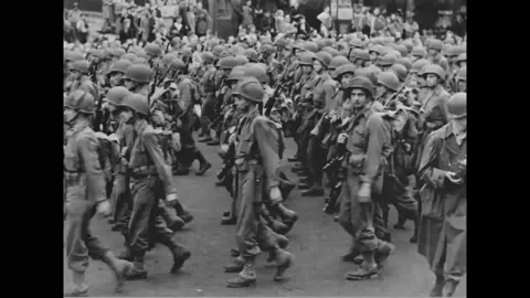 PARIS - 1944: 28th Division parade - Close view of infantry marching through Stock-Footage 344005809