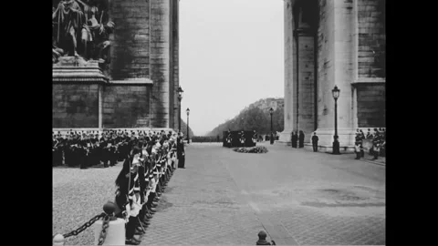 PARIS - 1944: Arc de Triomphe ceremony - Standards gather under the Arc Stock-Footage 344005757