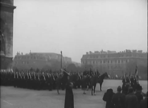 PARIS - 1944: Long marching line — Armistice infantry line crosses Paris Stock Footage 347864058