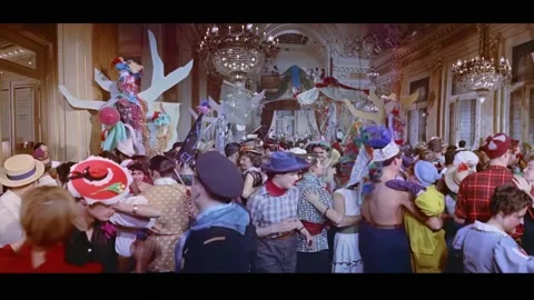 PARIS - 1955 - Views moving through people dancing at a costume party in Paris. Stock Footage 328166856