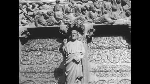 PARIS - 1961 - A statue of Jesus Christ as a judge on the Portal of the Last Stock-Footage 340664802