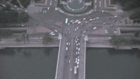 Paris - 1973: observation deck panorama of cars in traffic by Trocadero landmark Stock Footage 231161309