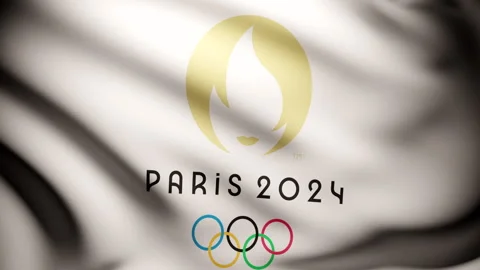 Paris 2024 Olympic games flag waving. Close up, dark mood. Stock Footage 245809306