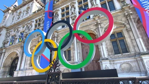 Paris 2024 Olympic rings at the entrance... | Stock Video | Pond5