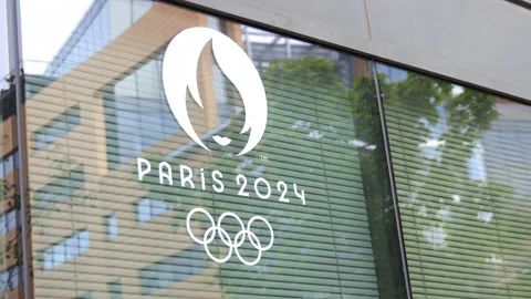 Paris 2024 Olympics logo on the window pane of a building in Paris, France Stock-Footage 220773709