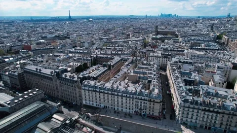 Paris aerial drone view, flying above train station gare du nord, backwards Stock Footage 202624415