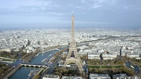 Paris Aerial Panoramic Cityscape View feat. Eiffel Tower in France Stock Footage