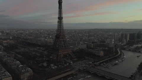 Paris Aerial View Featuring Iconic Metal Lattice Tower at Sunset Stock Footage 330992842