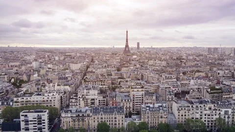 Paris and Eiffel Tower aerial panorama, with view of Haussmann buildings Stock Footage 154315867