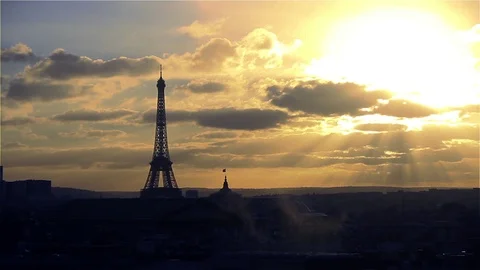 Paris and Eiffel Tower at Sunset (France). View From Lafayette Terrace. Stock Footage 98276065