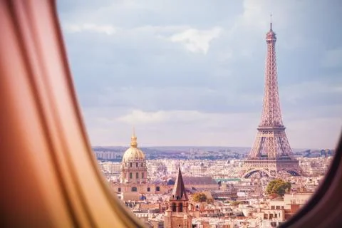 Paris and Eiffel tower view from plane window Stock Photos