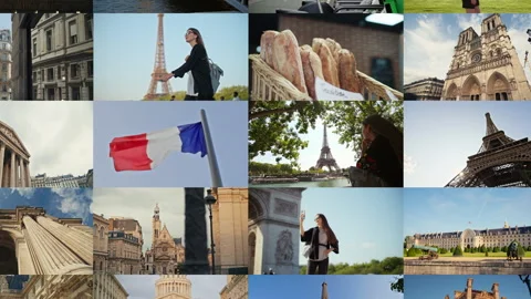 Paris architecture collage with Eiffel Tower and Arc de Triomphe Stock Footage 318444506