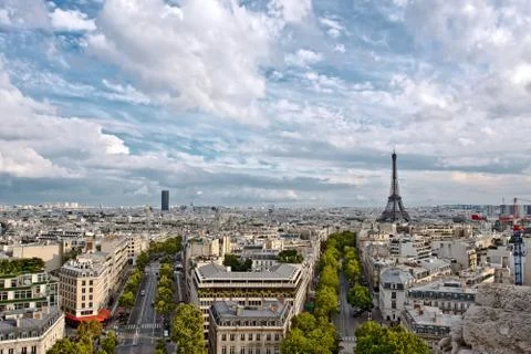 Paris arial view with eiffel tower and cloudy sky Stock Photos