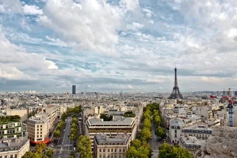 Paris arial view with eiffel tower and cloudy sky Stock Photos