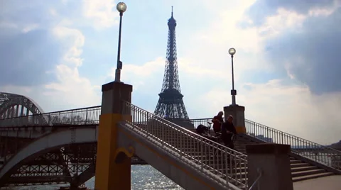 Paris Bridge with Eiffel Tower in Distance Stock Footage 38910838