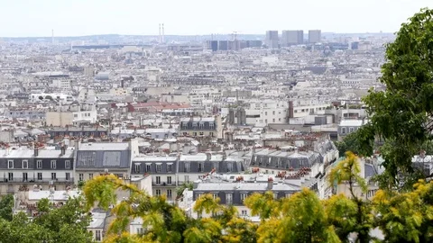 Paris buildings roofs panoramic view from the Montmartre top Stock Footage 76794700