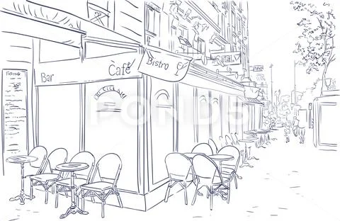 Paris cafe street vector sketch illustration art Stock Illustration